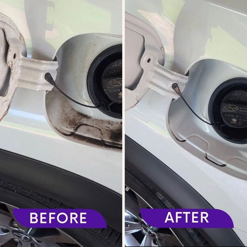 Before and after comparison of a vehicle's fuel filler recess, grimy on the left and cleaned on the right