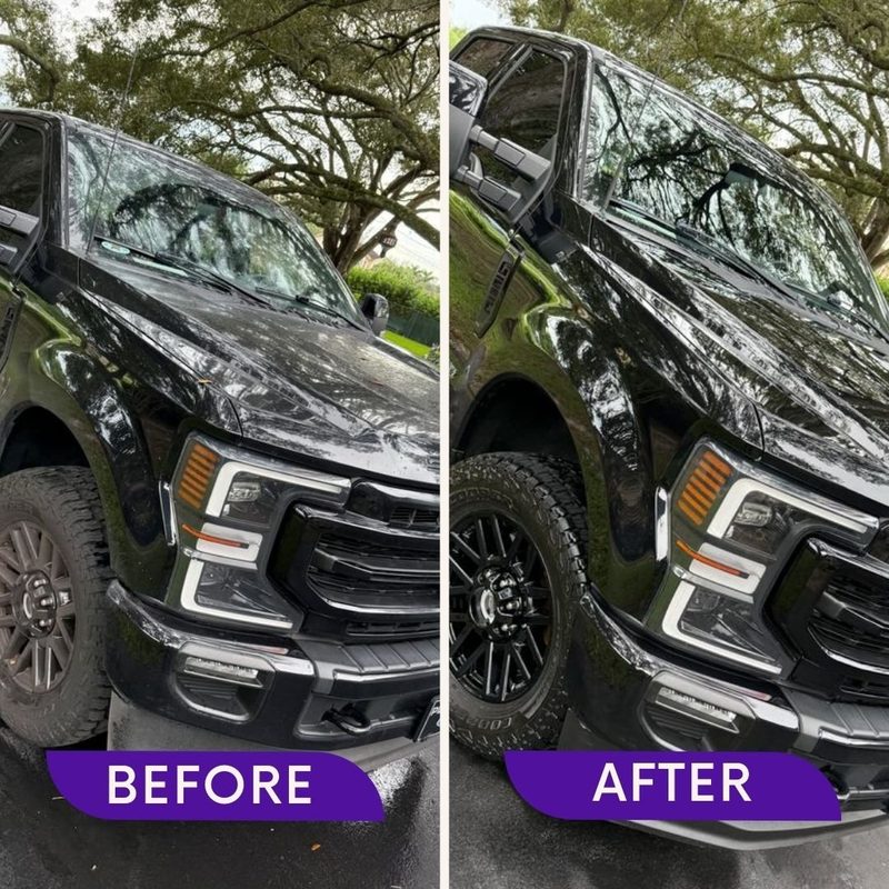 Before and after comparison of the front end of a black Ford Super Duty, dull on the left and glossy on the right