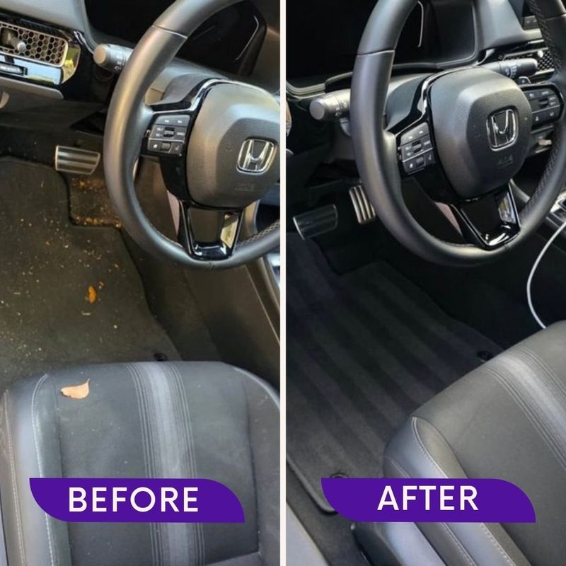 Before and after comparison of a Honda driver's footwell and steering wheel, soiled on the left and cleaned on the right