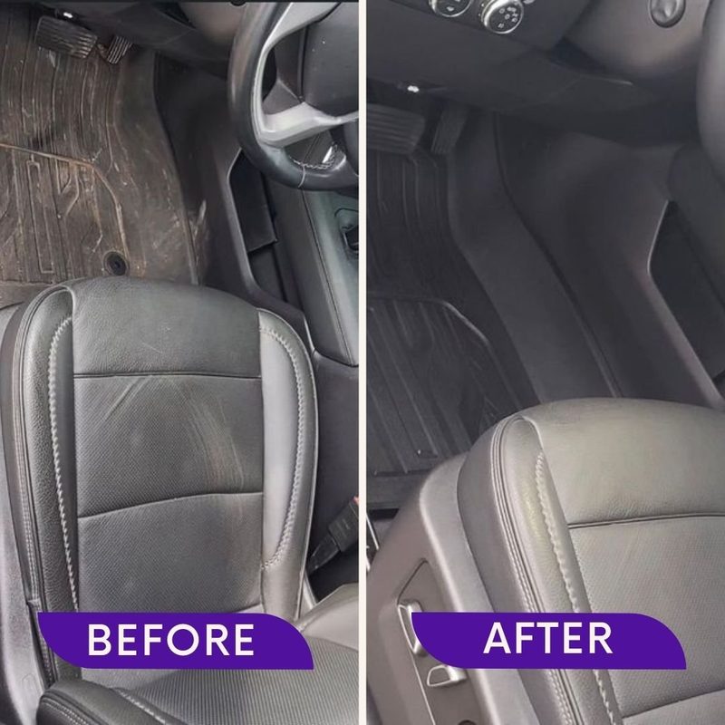 Before and after comparison of a driver's seat and floor mat, stained on the left and cleaned on the right